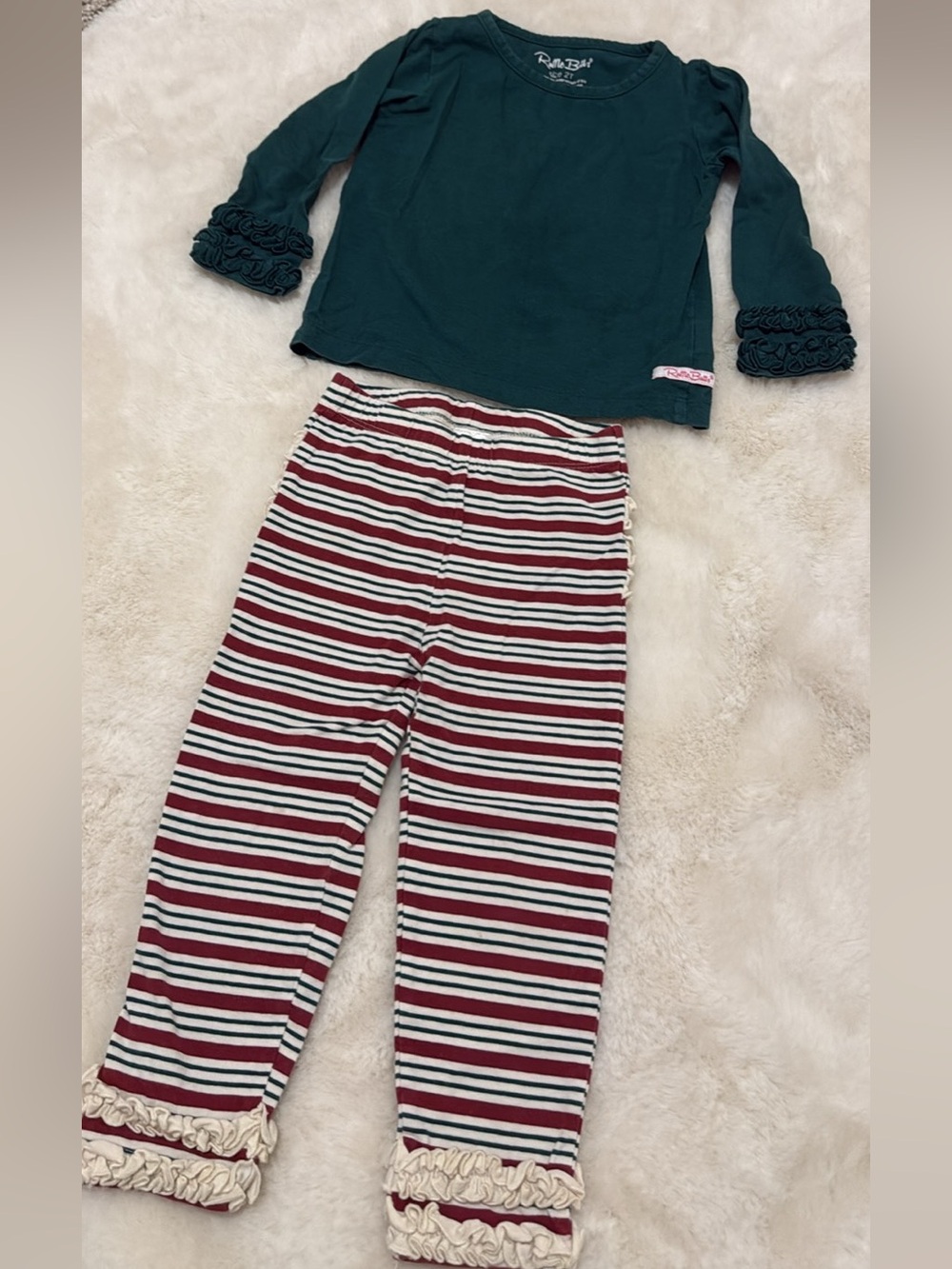 Green Ruffle Butts Sleeve Top with Striped Ruffle Leggings